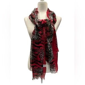 Animal Print Scarf Wrap Semi Sheer Red Black Gray White Fringes New Without Tags